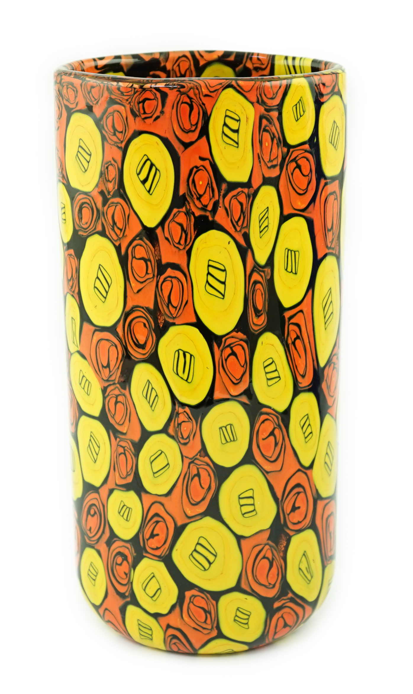 Vittorio Ferro (1932-2012) A Merano glass Murrine vase, cylindrical shaped, yellow, red and black, signed, 28cm, Please note this lot attracts an additional import tax of 20% on the hammer price